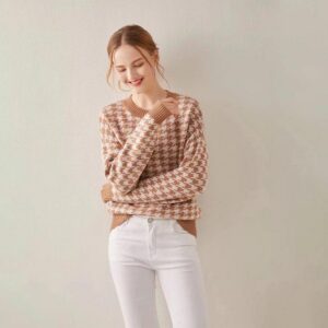 Kaschmir-Strickpullover mit Rundkragen und Houndstooth-Muster