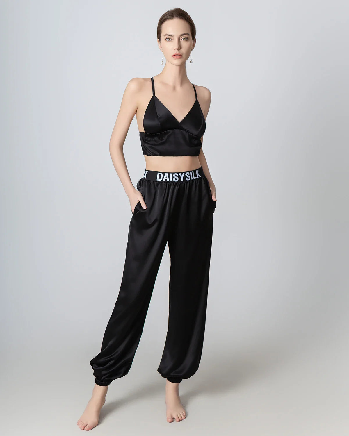 Damen-Seidenhose, elastische Taille, lockere Füßeinfassung, gefalteter Bund – Bild 5