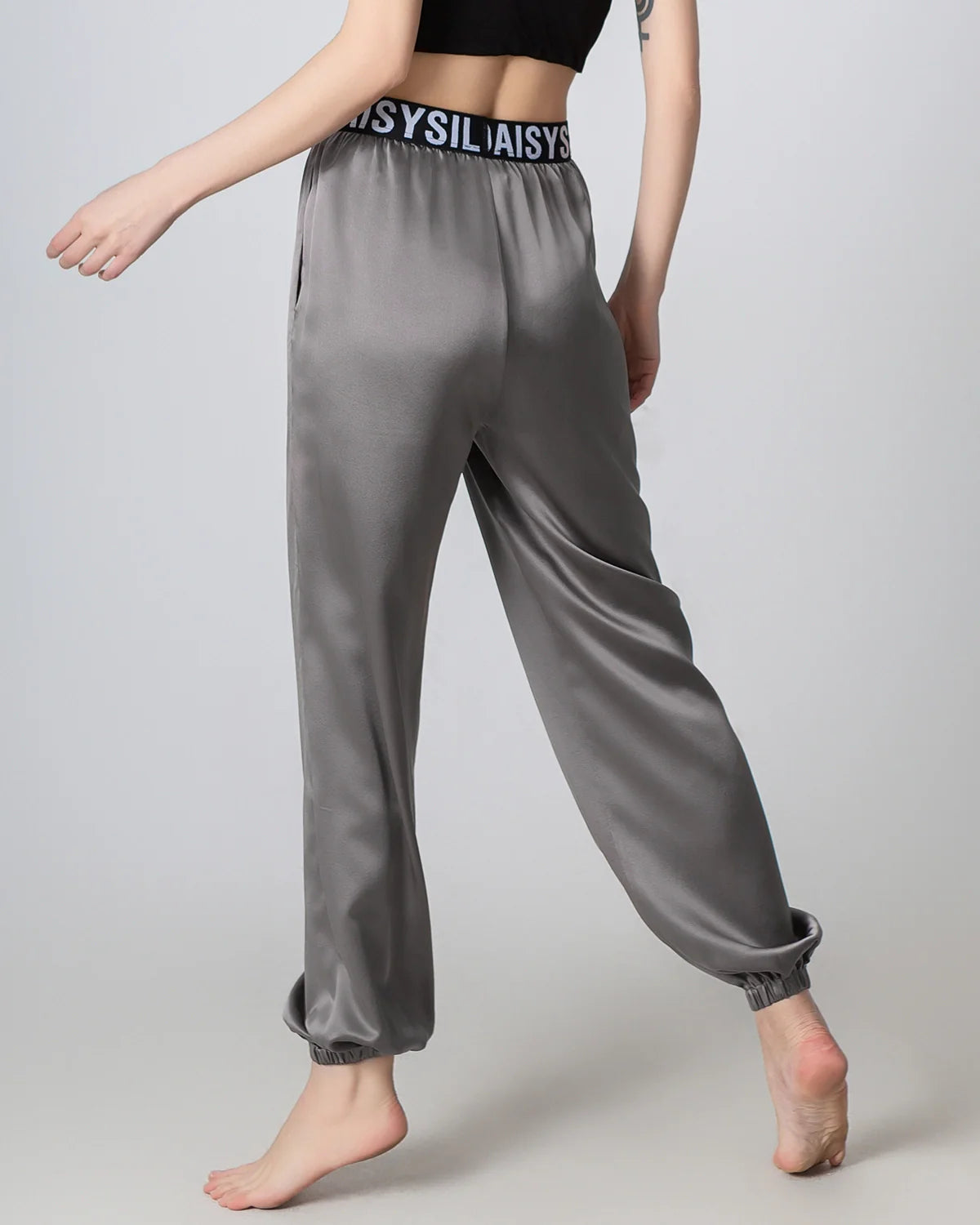 Damen-Seidenhose, elastische Taille, lockere Füßeinfassung, gefalteter Bund – Bild 2