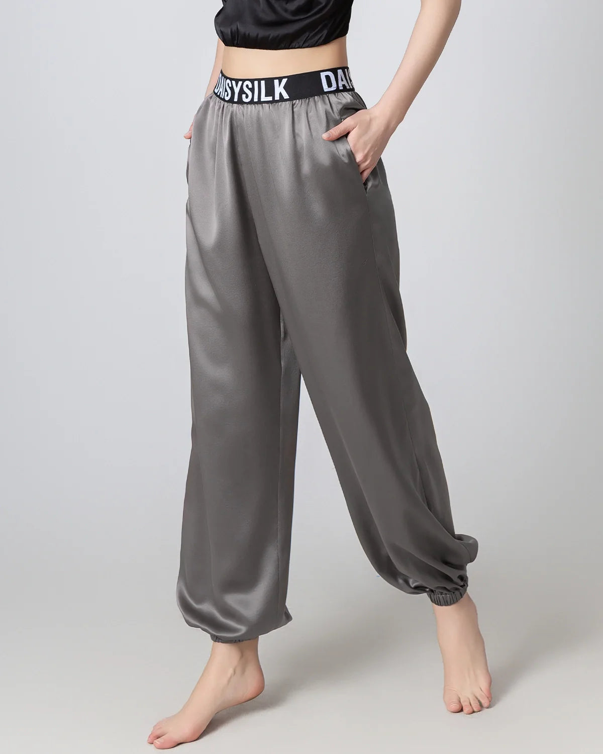 Damen-Seidenhose, elastische Taille, lockere Füßeinfassung, gefalteter Bund – Bild 4