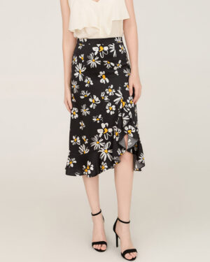 100% Seiden-Mittelrock mit Daisy-Druckmuster und asymmetrischer Saumlinie