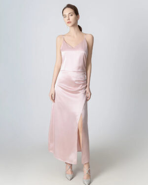 Seiden-Maxikleid mit V-Ausschnitt, Fältchen und Spalt