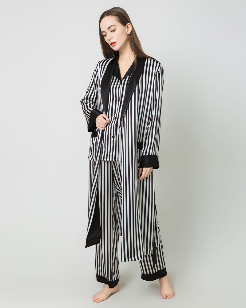 Damen lange Seidensatin-Robe mit schwarz-weiße Streifen – Bild 2