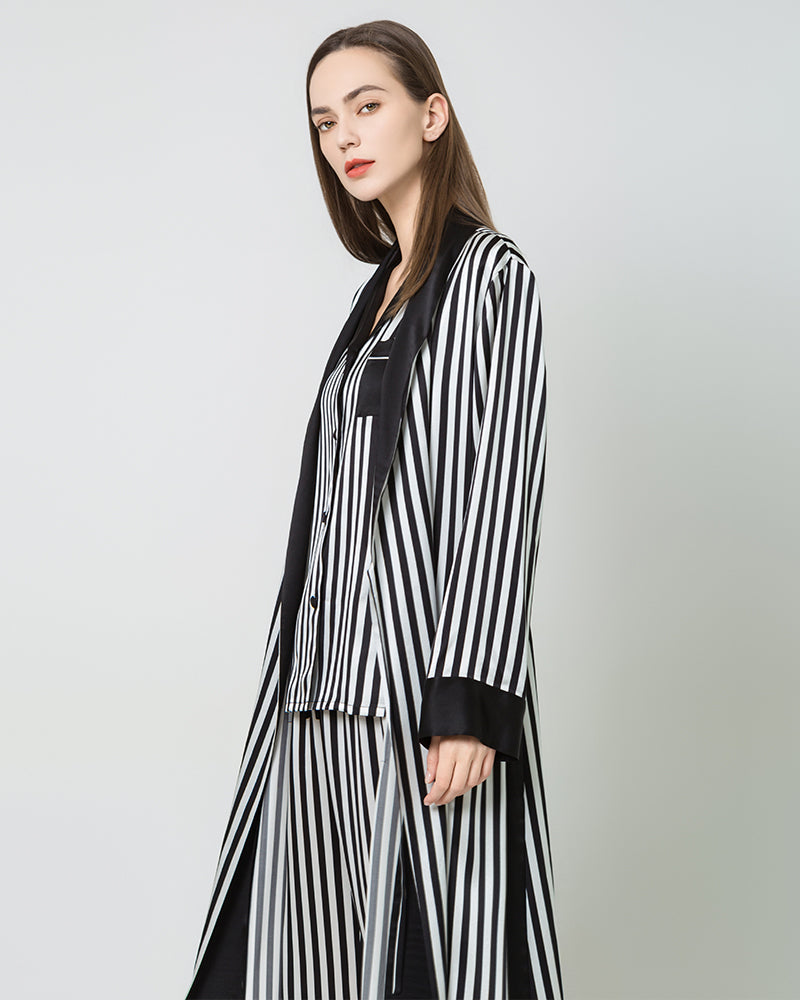 Damen lange Seidensatin-Robe mit schwarz-weiße Streifen – Bild 3