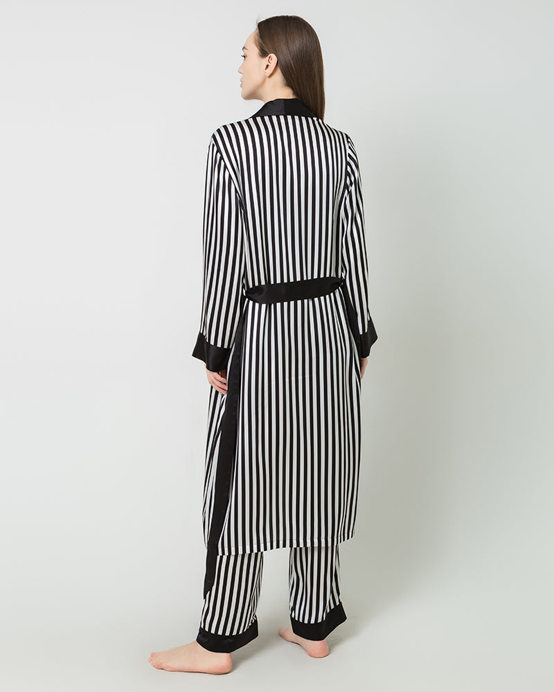 Damen lange Seidensatin-Robe mit schwarz-weiße Streifen – Bild 4