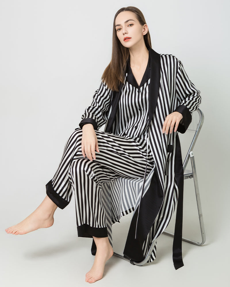 Damen lange Seidensatin-Robe mit schwarz-weiße Streifen – Bild 5