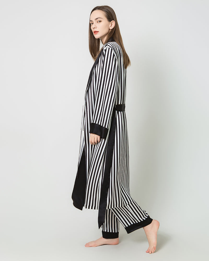 Damen lange Seidensatin-Robe mit schwarz-weiße Streifen – Bild 6