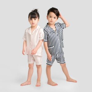 Kurzarm Streifen Pyjama Set Kinder Seiden-Nachtwäsche