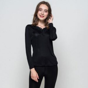 Damen Thermal-Unterwäsche-Set aus 100% Seide mit Spitzen